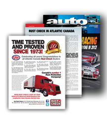RustCheck magazine ad celebrating 40 years since 1973 with a red truck image