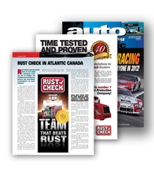 RustCheck magazine feature titled 'The Team That Beats Rust' in an automotive publication.