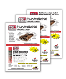 RustCheck flyers promoting rust inhibitor with product images and Swedish text about preventing rust.